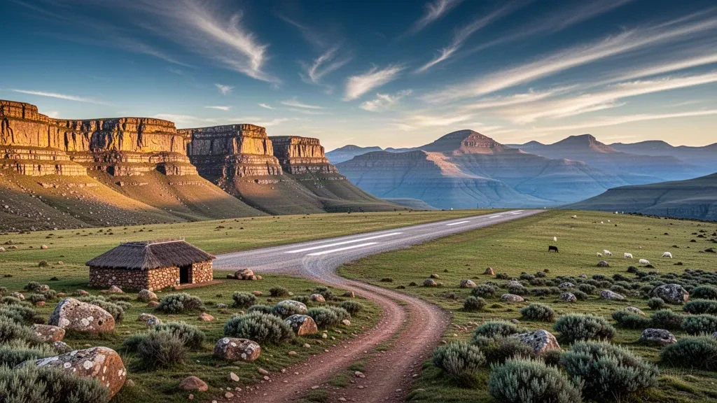 Unbefestigte Bergpiste am Flughafen Semonkong im Hochland von Lesotho, umgeben von dramatischen Basaltklippen zur goldenen Stunde.