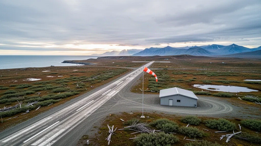 Remote gravel runway and coastal tundra landscape at Solomon State Field in western Alaska under soft overcast light