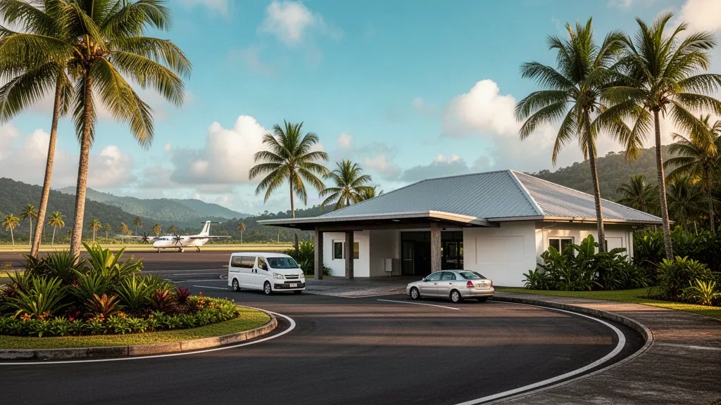 Tropical terminal building and palm-lined entrance road at Santo Pekoa International Airport in Luganville, Vanuatu, in bright afternoon light
