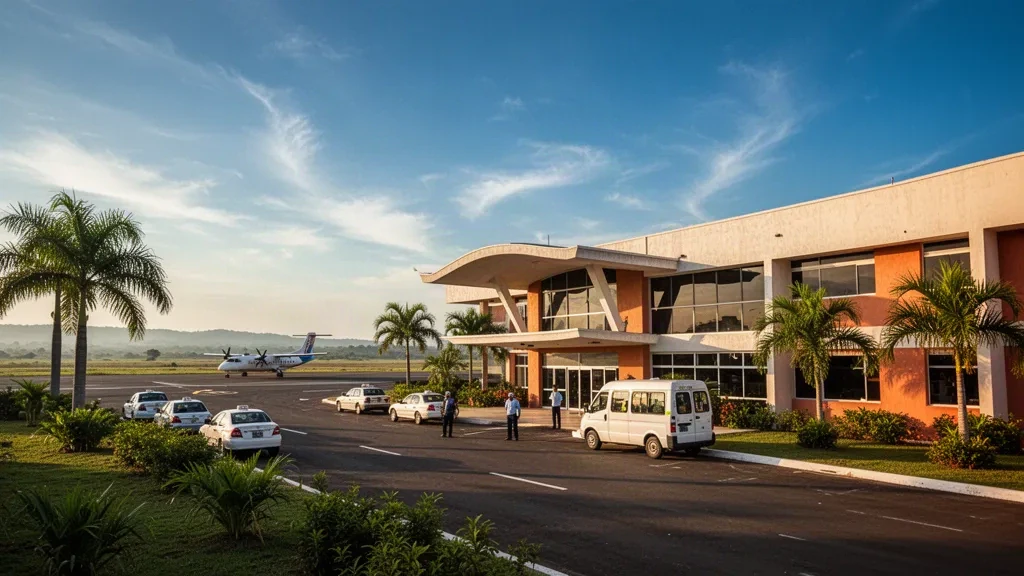 Terminal de baja altura y carril de descenso bordeado de palmeras en el Aeropuerto San Tomé en Anzoátegui, Venezuela, bañado por la cálida luz del final de la tarde