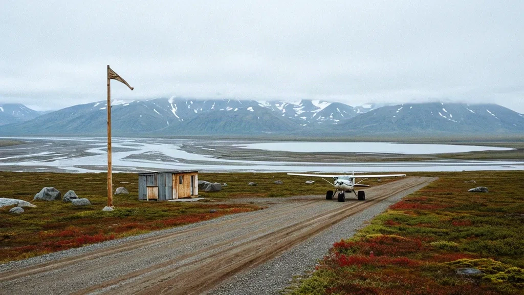 Gravel runway and windsock on the Alaskan tundra at Solomon State Field near Solomon, Alaska, beneath an overcast sky.