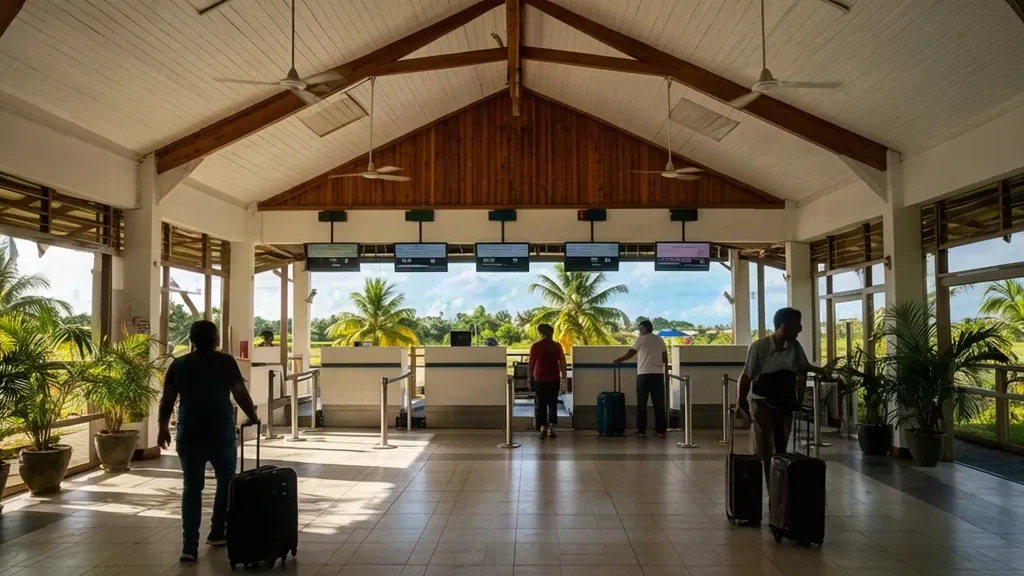 Travelers in the bright open-air departure hall of Santo Pekoa International Airport in Luganville, Vanuatu, with tropical greenery visible outside.
