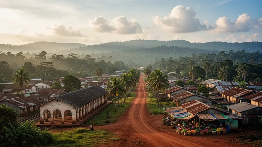 Vue à l'heure dorée de Dolisie, capitale du département du Niari en République du Congo, avec la gare ferroviaire, les routes de terre rouge et les collines verdoyantes