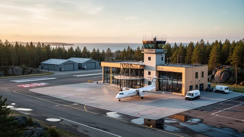 Modern glass terminal and quiet apron at Söderhamn Airport in Sweden under warm golden-hour coastal light