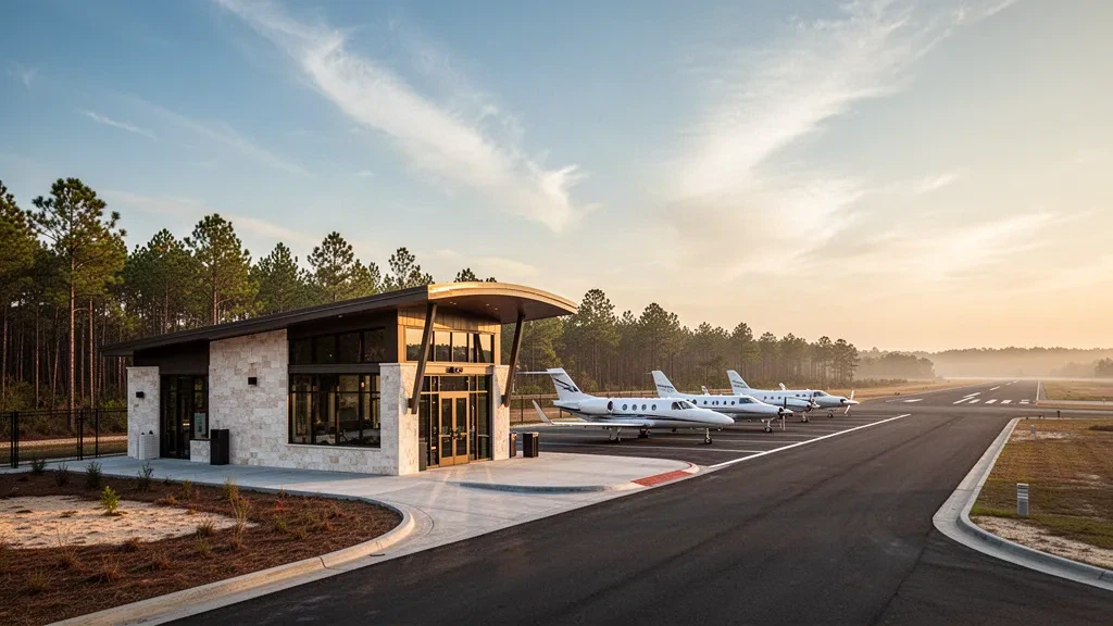 Modern terminal and parked private jets at Moore County Airport near Pinehurst, North Carolina, bathed in warm golden-hour light