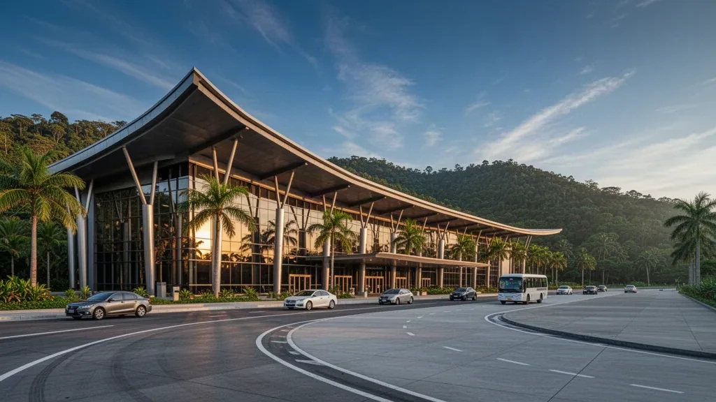 Modern glass terminal of Domine Eduard Osok Airport in Sorong, Papua, with tropical hills and a drop-off lane at golden hour