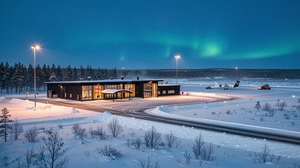 Snowy apron, low terminal building and runway at Sodankylä Airport in Finnish Lapland under a blue polar twilight sky