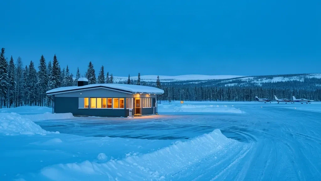 Kleines Terminalgebäude am Flughafen Sodankylä im verschneiten Lappland, mit geräumter Start- und Landebahn und Kiefernwald in der Dämmerung.
