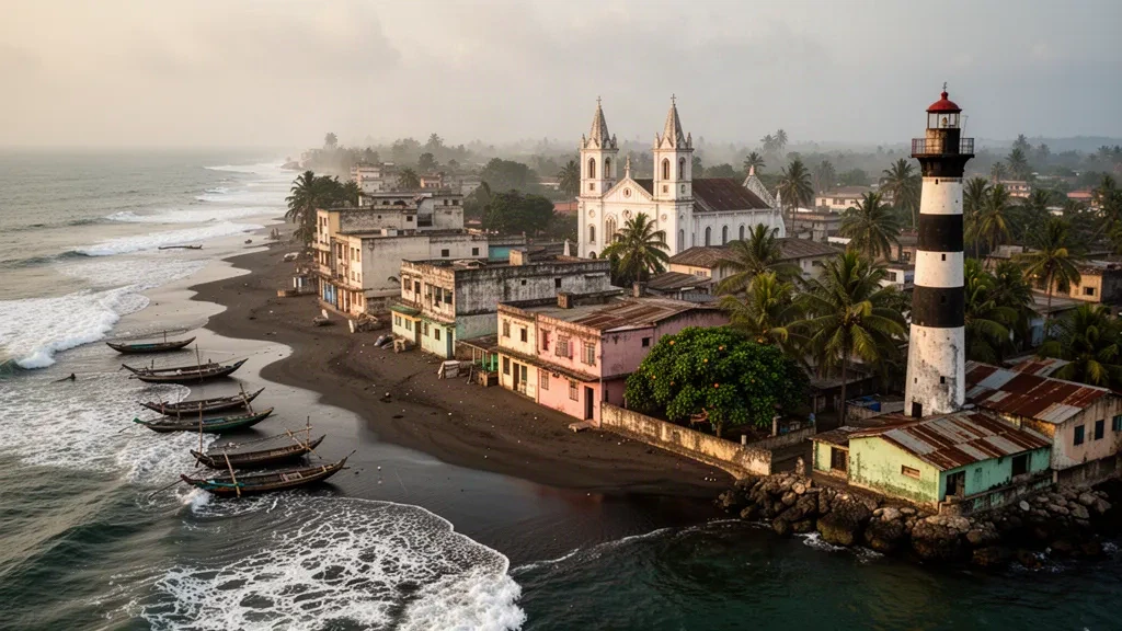 Horizonte costero de Pointe-Noire, República del Congo, con oleaje atlántico, piraguas de pesca y la catedral de la ciudad a la hora dorada