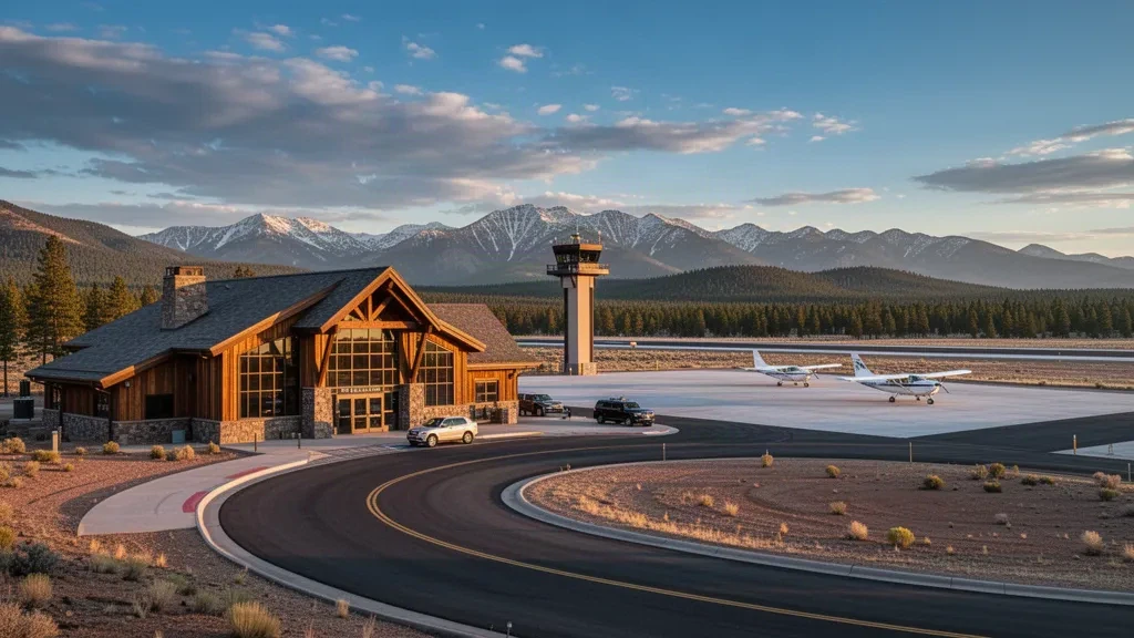 Show Low Regional Airport terminal and apron surrounded by Arizona pine forest at golden hour