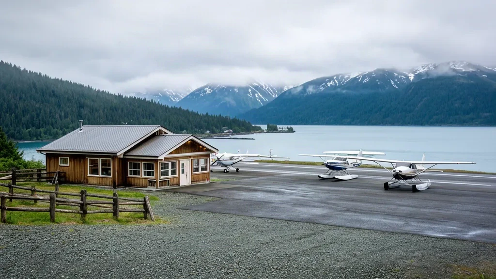 Terminal e pista di ghiaia dell'aeroporto di Seldovia con piccoli aerei da bush sulla costa della penisola di Kenai in Alaska