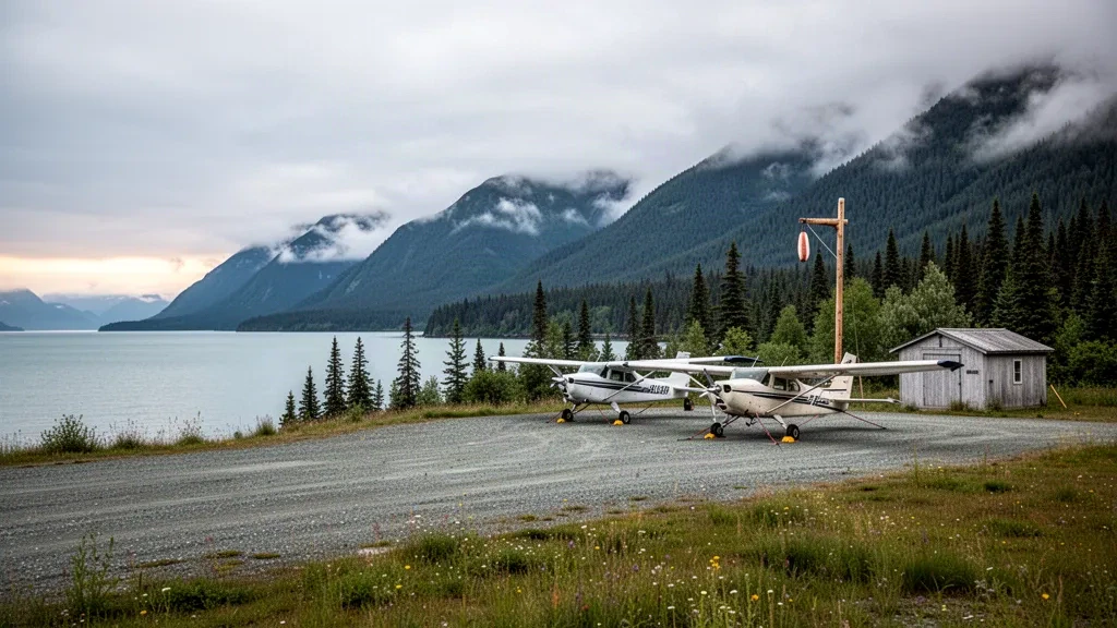 Alaska'daki Seldovia Havalimanı'nda çakıl pistte bağlanmış küçük pervaneli uçaklar, arkada Kachemak Koyu ve ormanlık dağlar