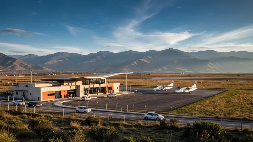 Sogamoso, Boyacá'daki Alberto Lleras Camargo Havalimanı'nda And dağ sıralarıyla çevrili bölgesel terminal ve pist