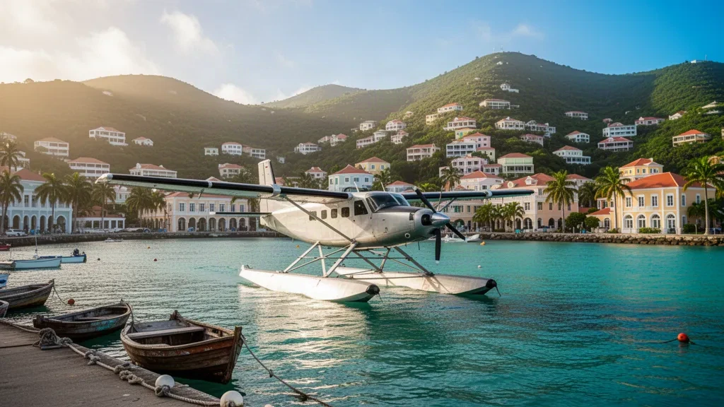 Hidroavión sobre aguas turquesa en la base de hidroaviones de Charlotte Amalie Harbor con las colinas del paseo marítimo de St. Thomas a la hora dorada