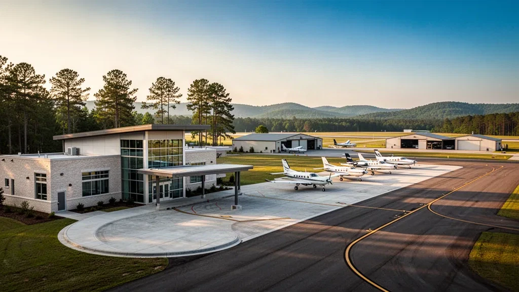Terminal moderna de vidrio y aeronave ligera en la rampa del Aeropuerto Spartanburg Downtown Memorial, Carolina del Sur, a la hora dorada