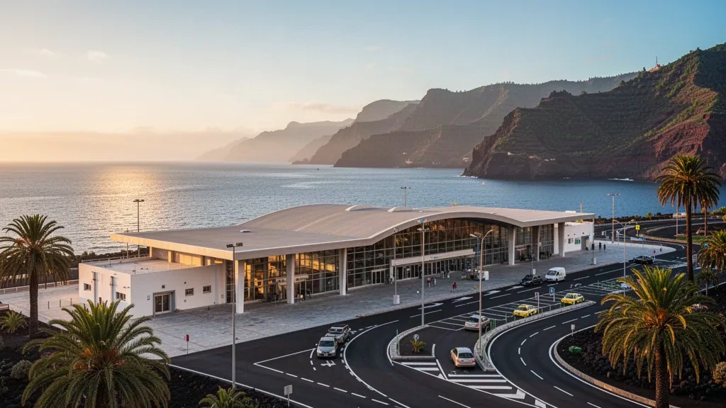Modern glass terminal and drop-off lanes at La Palma Airport in the Canary Islands, with the Atlantic Ocean and volcanic hills behind