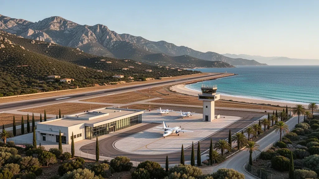 Veduta elevata della base aerea di Solenzara in Corsica durante l'ora d'oro, con la pista e il terminal accanto al Mar Mediterraneo e alle colline verdi