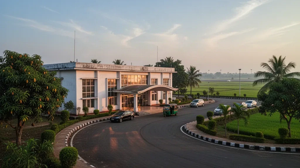 Saidpur Airport terminal entrance in Bangladesh at golden hour, with a drop-off lane, cars and green fields beyond