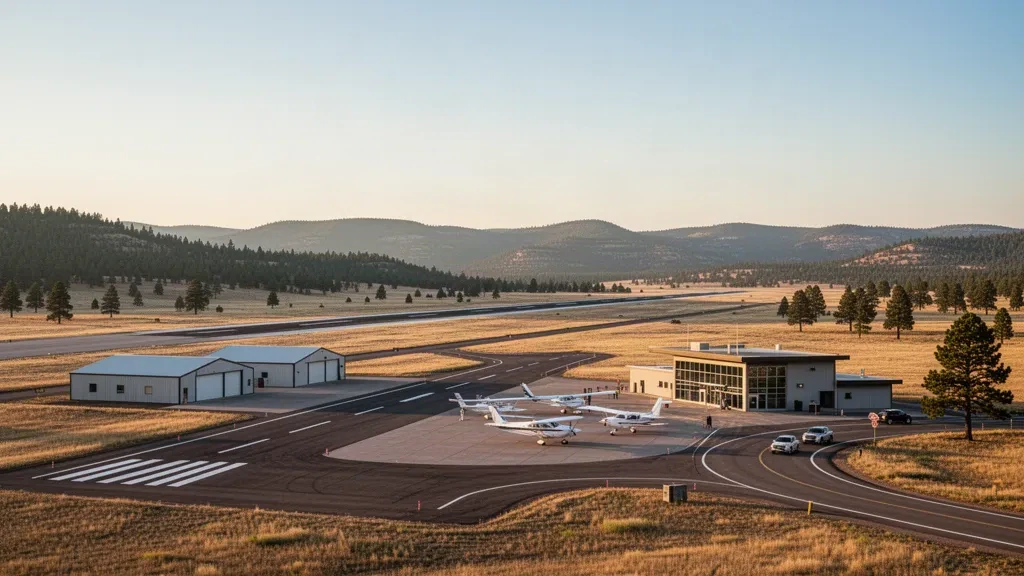 Vista a la hora dorada de un pequeño aeródromo de Black Hills con pista, aviones ligeros estacionados y colinas cubiertas de pinos cerca de Spearfish, Dakota del Sur