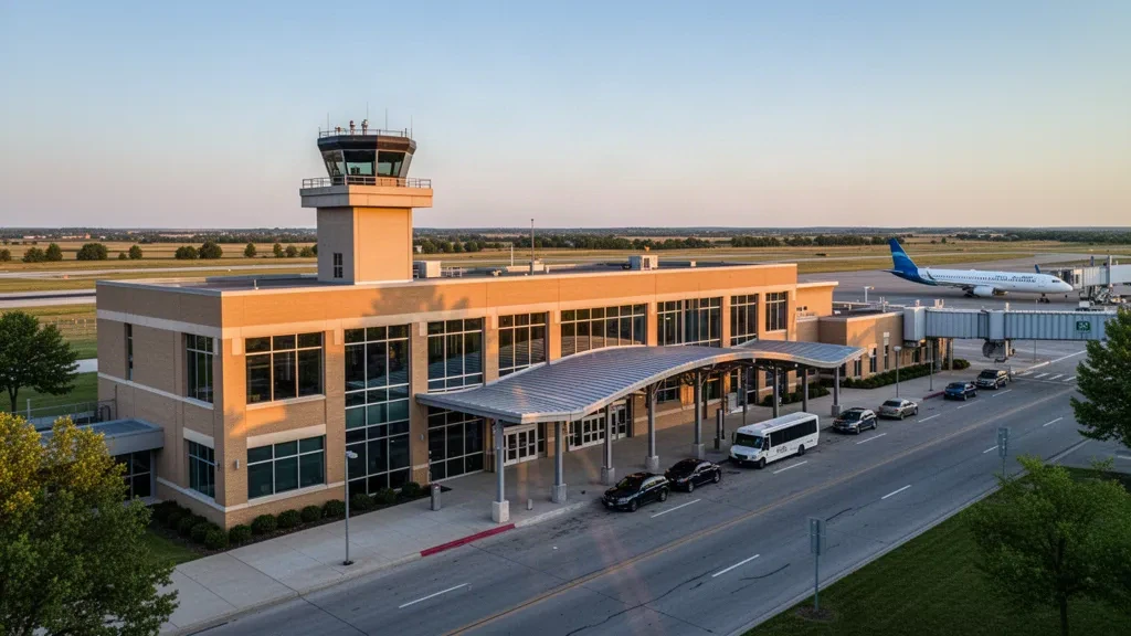 Exterior moderno de la terminal de vidrio y ladrillo en el Aeropuerto Abraham Lincoln Capital en Springfield, Illinois, resplandeciendo a la hora dorada