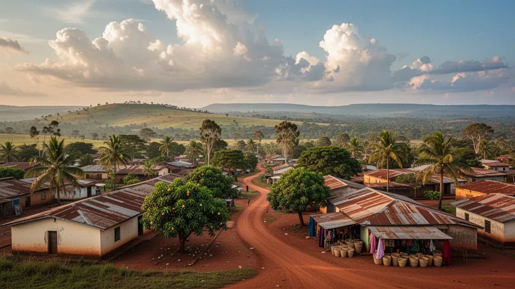 Colinas onduladas de sabana y calles de baja altura de color rojo laterita en Djambala, capital del Departamento de Plateaux en la República del Congo, a la hora dorada