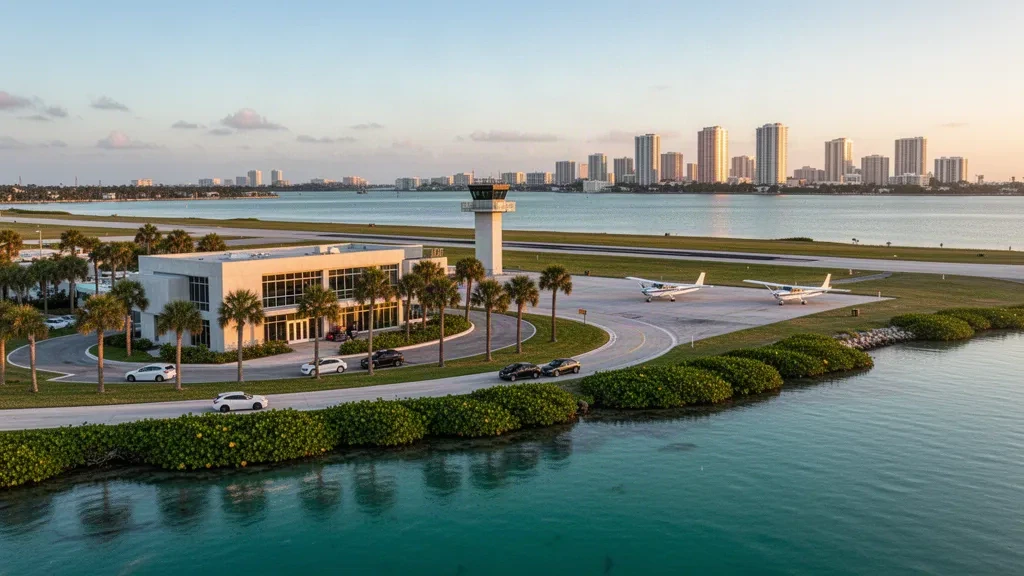 St. Petersburg, Florida'daki Albert Whitted Havalimanı'nda gün batımı saatlerinde su kenarı terminali ve pisti, Tampa Körfezi ve şehir silüeti