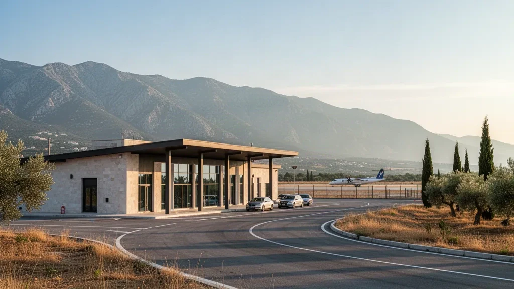 Yunanistan'daki Sparti Havaalanı'nda, sıcak altın rengi Akdeniz ışığı altında Taygetos dağları ve zeytin bahçeleriyle çevrili alçak modern terminal