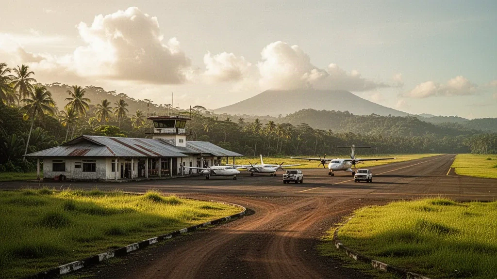Pista de aterrizaje tropical y pequeña terminal en el Aeropuerto de Sopu, cerca de Popondetta, Papúa Nueva Guinea, rodeados de selva tropical y montañas lejanas