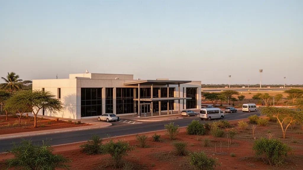 Terminal de baja altura y carril de descenso en el aeropuerto de Menongue, Angola, a la hora dorada, enmarcados con cielo abierto para superposiciones de reserva de viajes.