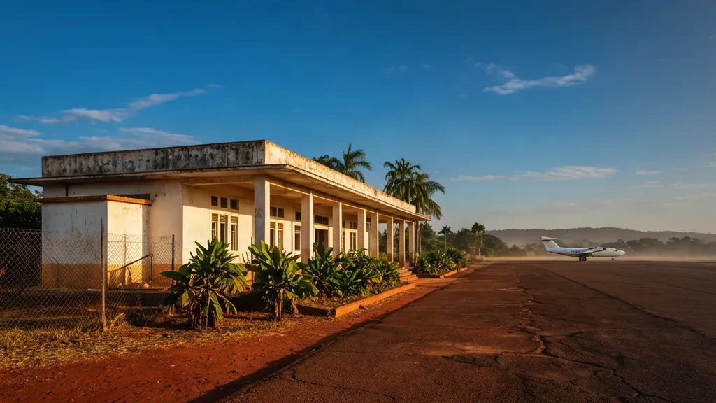 Edificio de terminal de una sola planta iluminado por el sol y plataforma tranquila en el aeropuerto de Menongue, en el sur de Angola, enmarcados por tierra seca y vegetación tropical