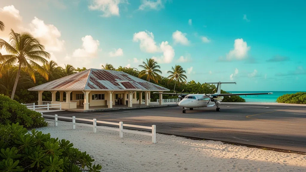 Offener Terminal-Pavillon und palmengesäumte Rollbahn am John Greif II Airport in San Pedro, Belize, unter einem strahlend karibischen Himmel