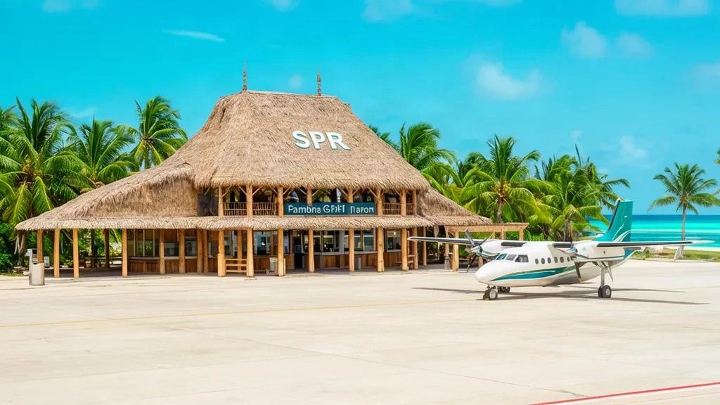 Terminal all'aperto dell'aeroporto John Greif II a San Pedro, Belize, con tetto in paglia e piccoli aerei in una giornata di sole.