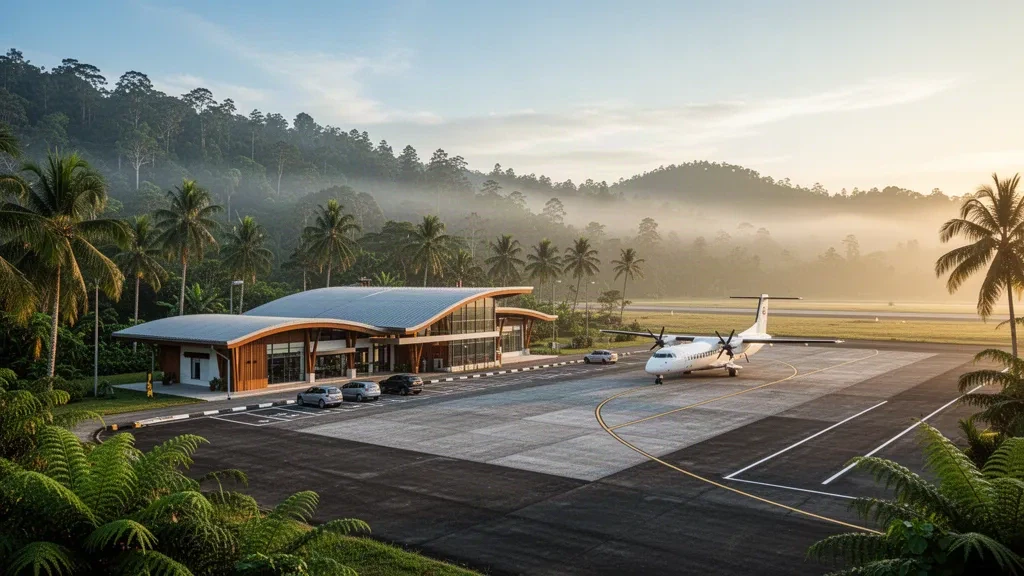 Terminal tropical y pista del aeropuerto de Sipitang en Sabah, Malasia, rodeados de palmeras y con una suave luz matinal.