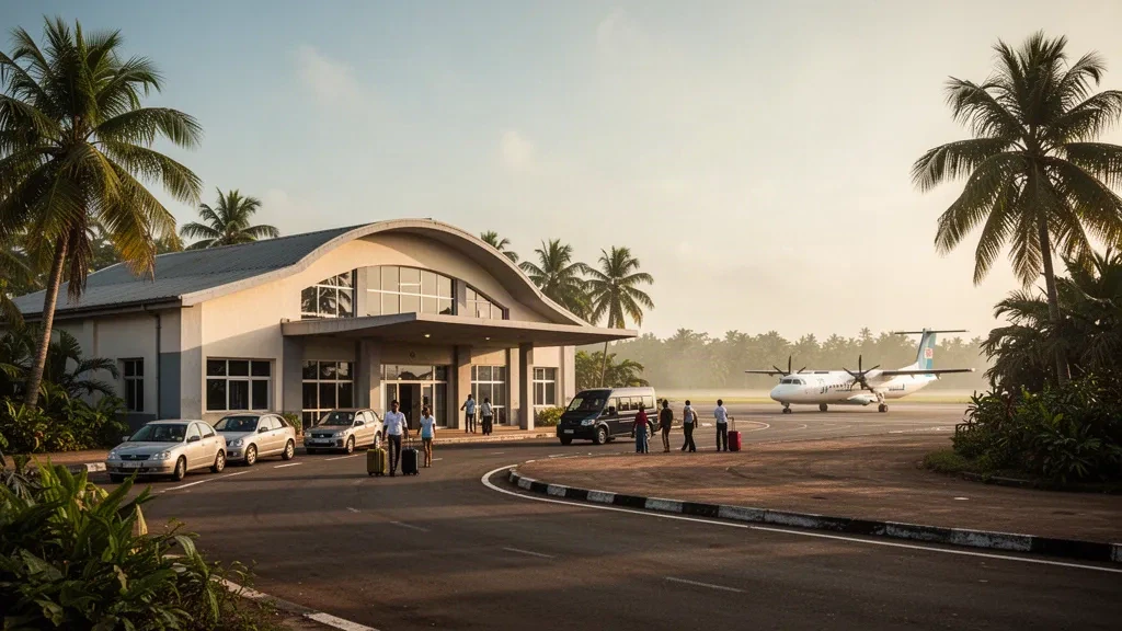 Low modern terminal, palm trees and a parked turboprop at San Pedro Airport in Ivory Coast under warm coastal afternoon light