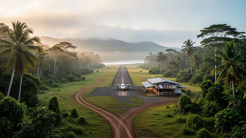Piste d'atterrissage tropicale en herbe à l'aéroport de Sepik Plains en Papouasie-Nouvelle-Guinée, entourée de forêt tropicale avec un petit avion stationné près du bâtiment terminal.