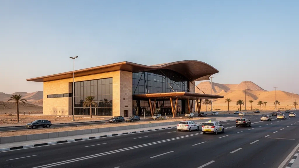 Mısır, Giza yakınlarındaki Sfenks Uluslararası Havalimanı'nda, yolcu indirme şeritlerinin yanında sıcak altın saat ışığında modern cam ve taş terminal cephesi.