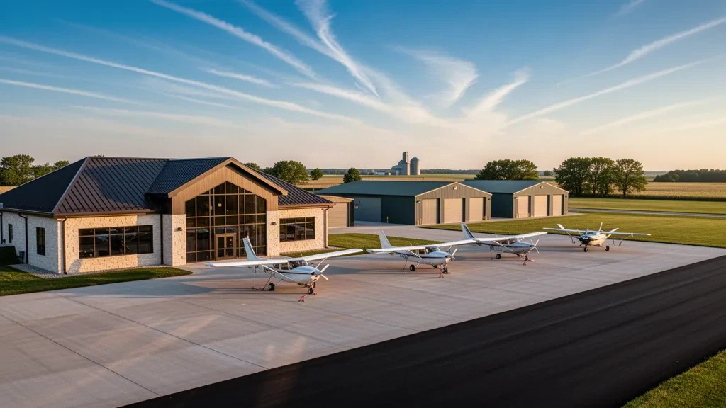 Aeromobile di aviazione generale sul piazzale accanto al basso terminal moderno dell'aeroporto Spencer Municipal in Iowa