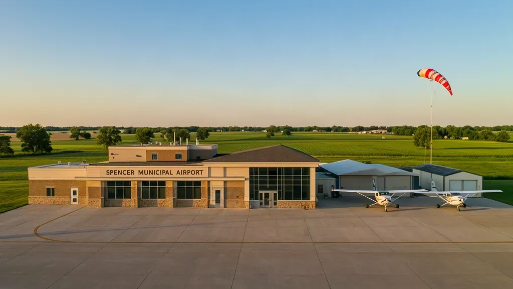 Iowa'daki Spencer Municipal Havaalanı'nda apron ve park halindeki uçaklarla tek katlı terminal binası
