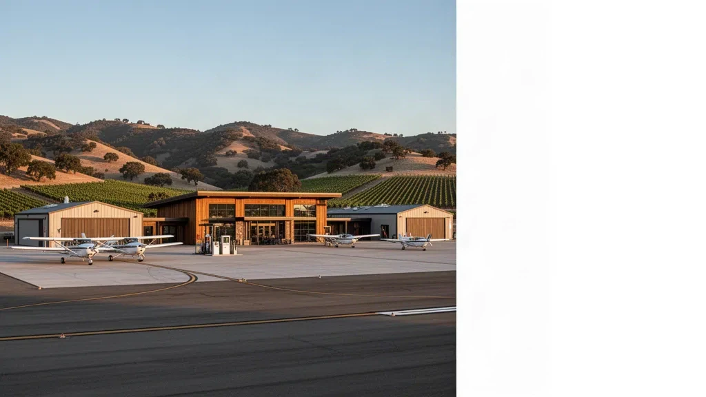 Wide view of Santa Ynez Airport SQA in California with a small terminal, parked aircraft, and rolling vineyard hills at golden hour.
