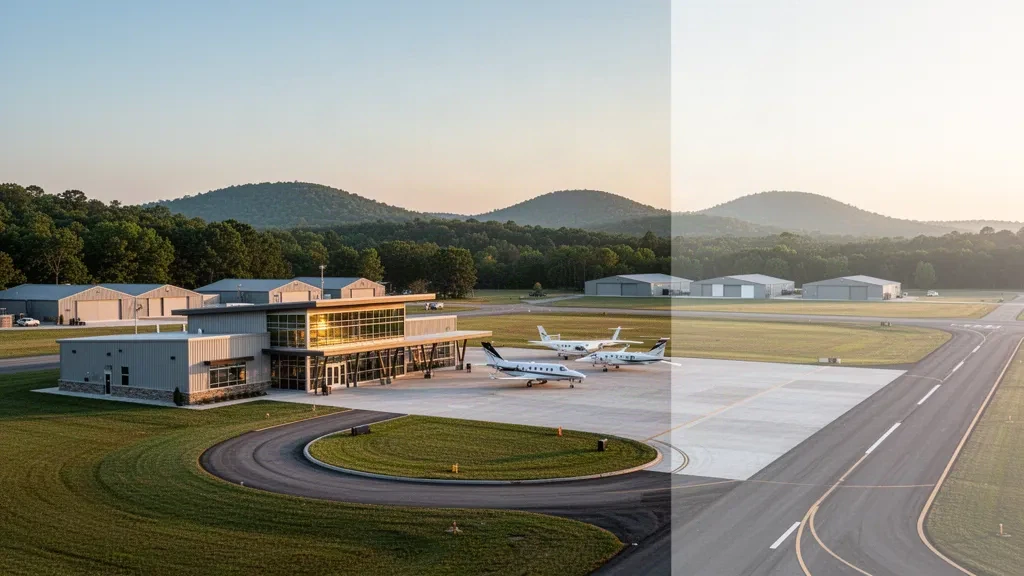 Flaches Terminal, Hangars und Startbahn am Springdale Municipal Airport in Arkansas, im Hintergrund die Ozark-Hügel im Licht der goldenen Stunde