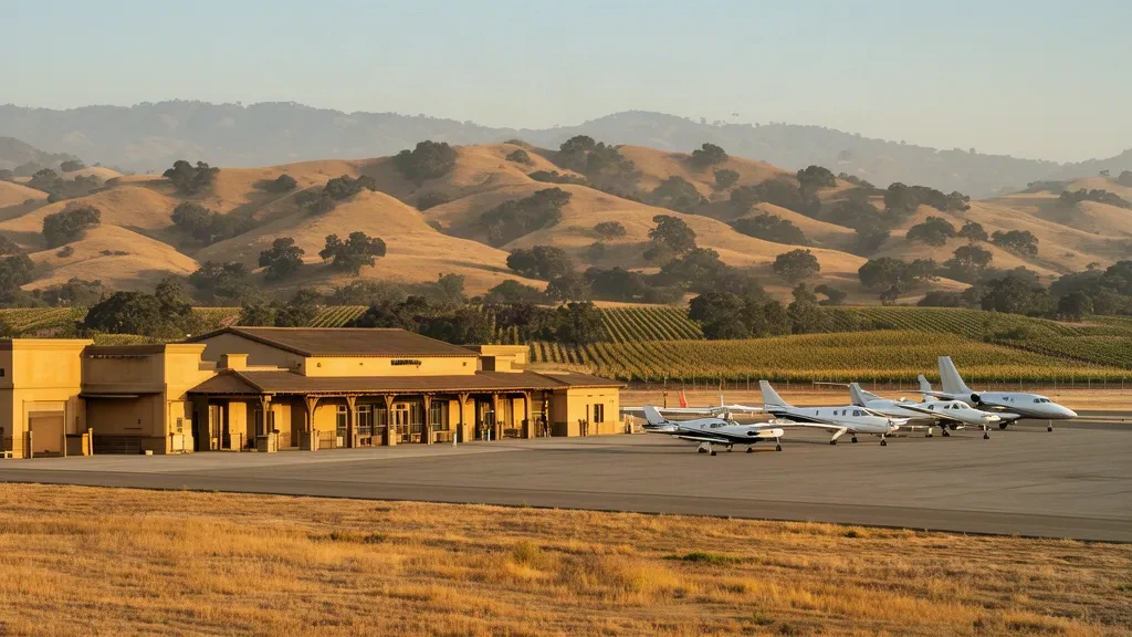 Small terminal building and aircraft parking apron at Santa Ynez Airport in California wine country