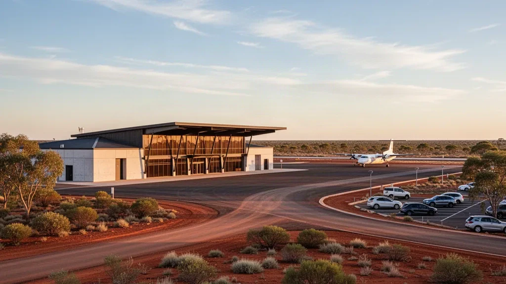 Terminal regional de baja altura y avión turbohélice estacionado en el aeropuerto de Southern Cross, Australia Occidental, bajo la cálida luz dorada del atardecer del outback