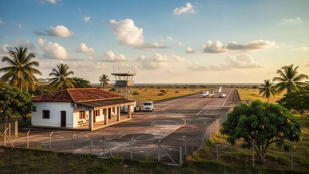 Kleines regionales Terminal und asphaltierte Start- und Landebahn am Flughafen San Luis de Palenque in Casanare, Kolumbien, umgeben von tropischer Llanos-Savanne