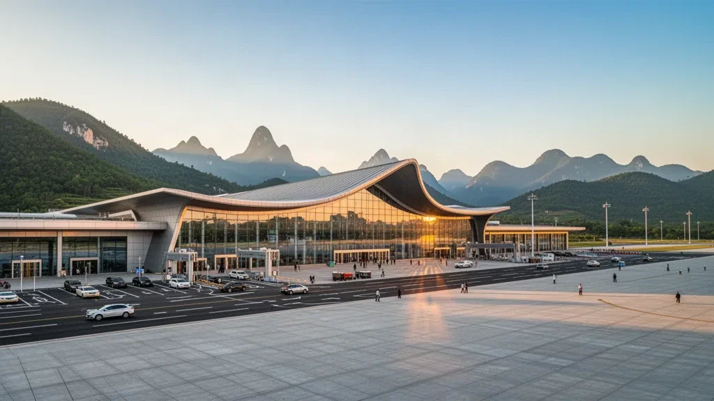 Vue large du terminal moderne en verre de l'aéroport de Shangrao Sanqingshan avec un toit incurvé à l'heure dorée, entouré de collines verdoyantes et de routes d'accès.