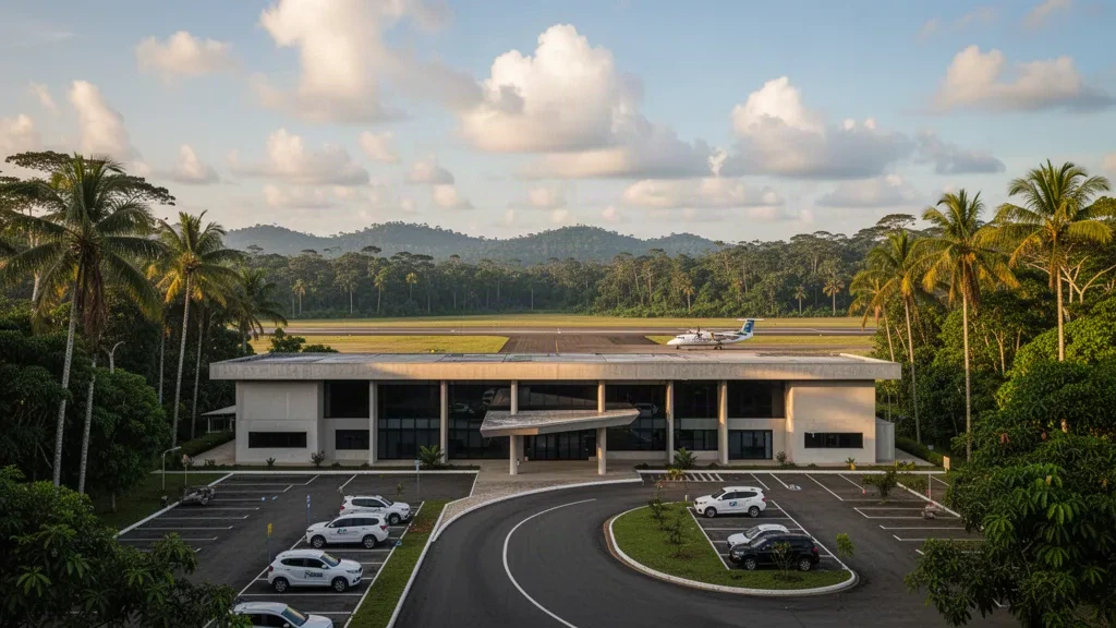 Terminal regional del Aeropuerto Solano en la Amazonía colombiana, palmeras tropicales y un turbohélice estacionado con la cálida luz del final de la tarde
