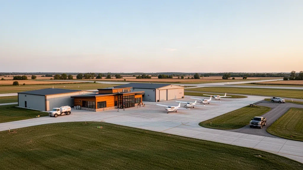 Whiteside County Airport in Illinois with a small terminal, hangars, and runway under clear Midwest skies