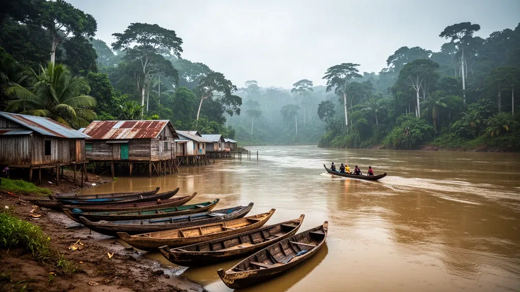 Ville d'Ouésso sur la rivière Sangha en République du Congo, avec des pirogues amarrées le long de la rive et la forêt tropicale du bassin du Congo au-delà