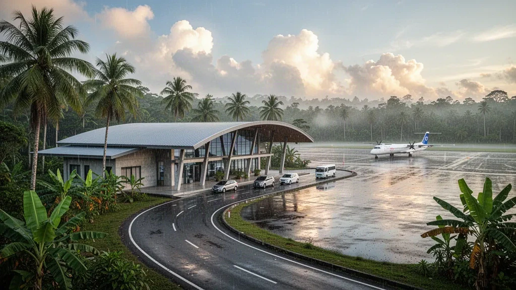 Sintang, Batı Kalimantan'daki Tebelian Havalimanı'nda altın saatlerde tropikal yeşilliklerle çevrili modern terminal binasının dış görünümü