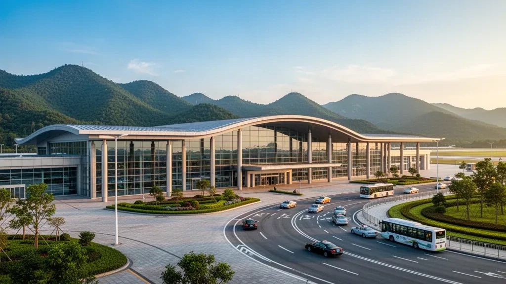 Moderno terminal in vetro e strada di accesso curva all'aeroporto di Sanming Shaxian nel Fujian, Cina, illuminati dalla luce dorata del tramonto.