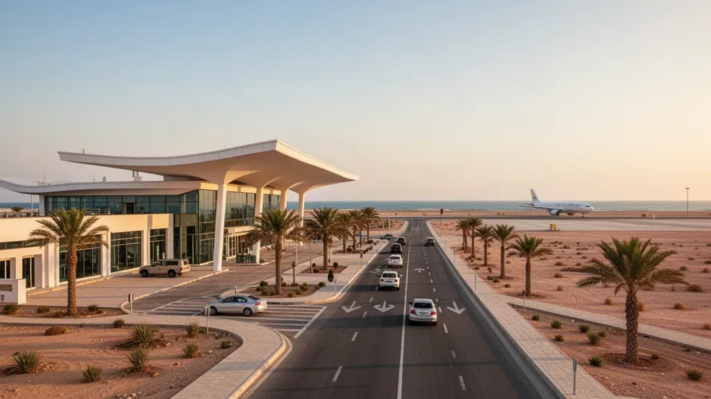 Low-rise terminal and access road at Sidi El Barrani Airport in Egypt with palm trees, desert coastal landscape, and warm late-afternoon light.